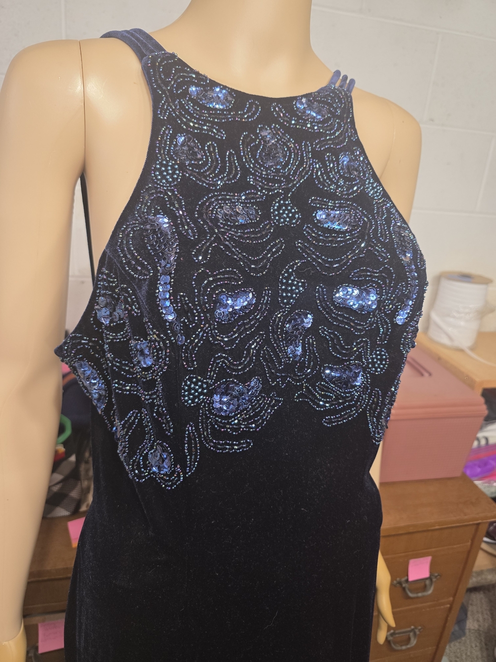 Black Sequin Halter Prom Dress with Blue Embellishments